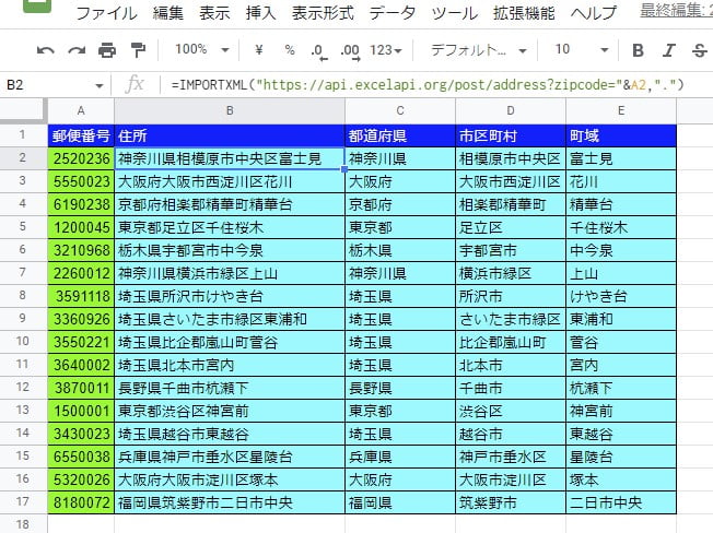 郵便番号から住所を取得した結果